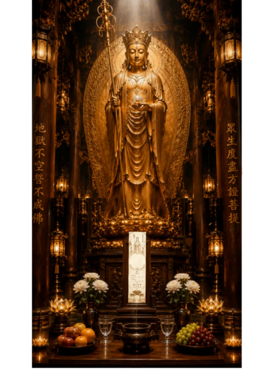 A golden statue of Kshitigarbha (地藏王菩萨) in a candlelit shrine, with lotus lamps, white chrysanthemums, and gentle offerings