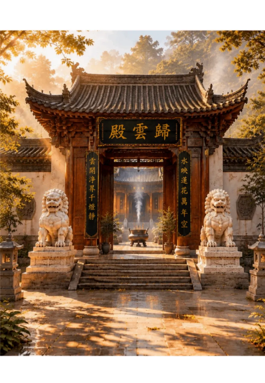 The sunlit gate of Guiyun Hall (歸雲殿) at golden morning — guardian lions, gentle incense, and warm light through the trees