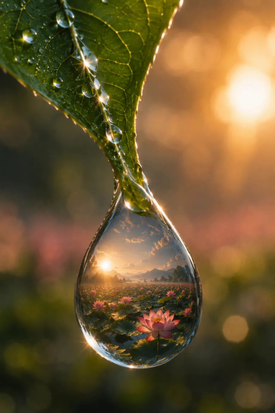 A dewdrop hanging from a green leaf, holding a serene lotus pond at sunset with distant mountains — a symbol of memory and eternity