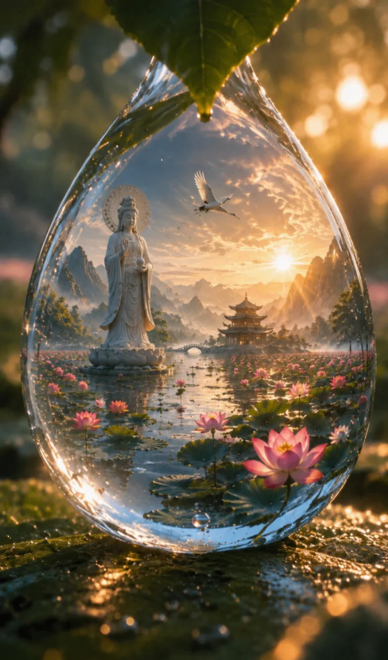 A water droplet holding a serene world of lotus and soft morning light